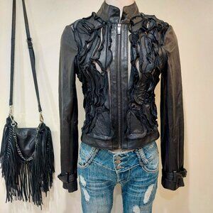 💋ABSOLUTELY STUNNING!💋VTG Bebe Genuine Leather & Mesh Moto Jacket in Black